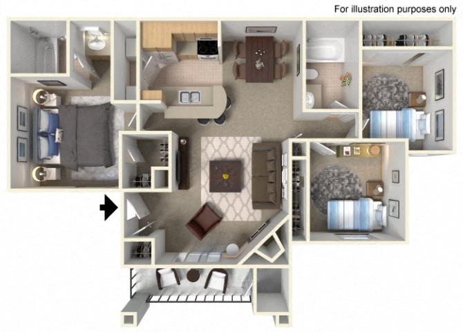 Floor plan for 3 beds, 2 baths, 1034 sqft